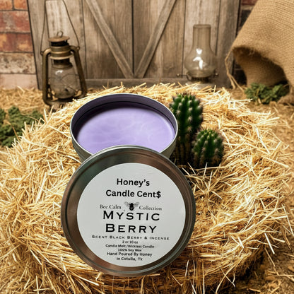 Black candle tin with purple candle inside on a light gray background no wick